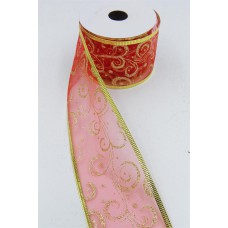 2.5 Inch Wired Christmas Ribbon with Gold Metallic Swirls on Red Organga, 2-1/2 In. X 10 Yds (Lot of 1 Spool) SALE ITEM